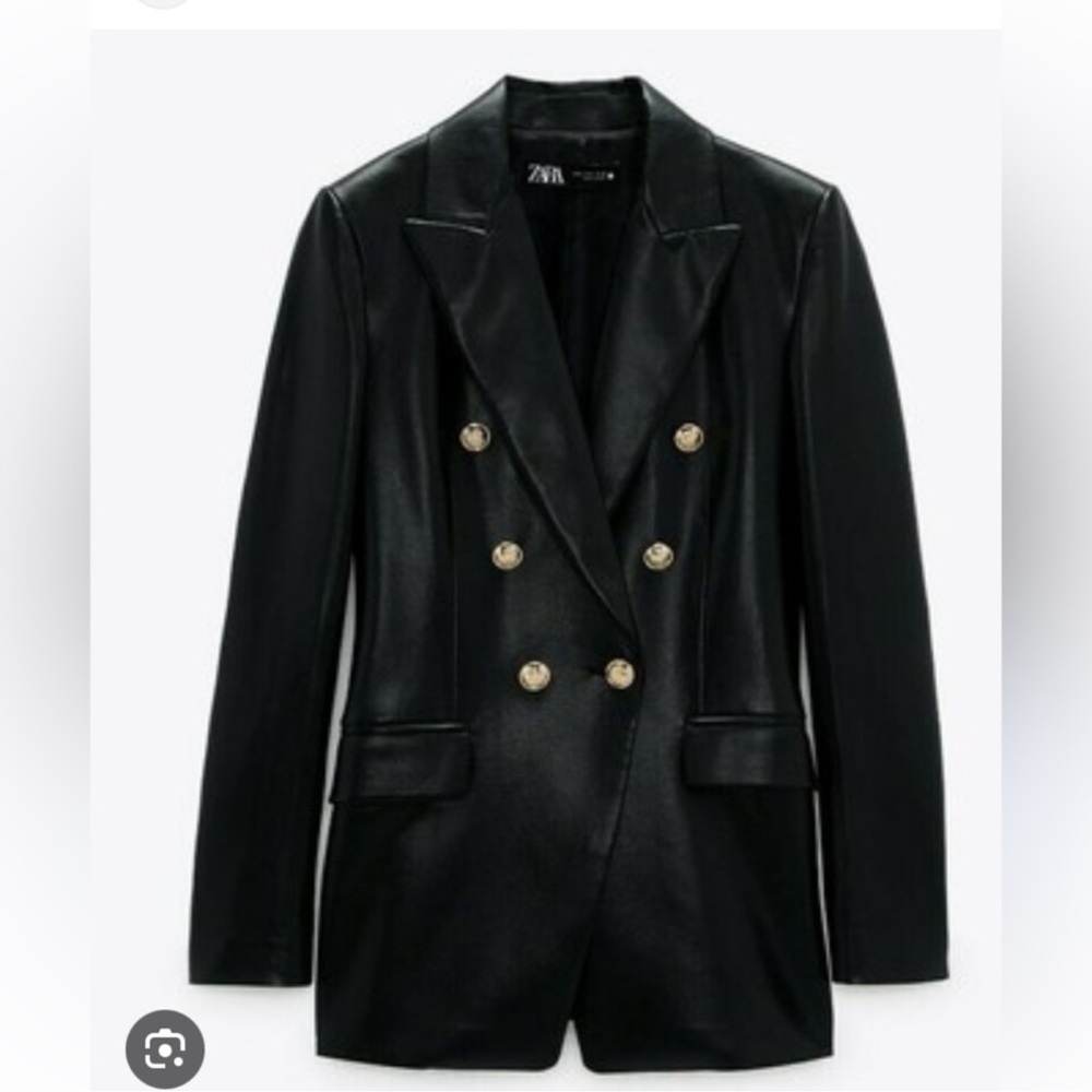 NWOT Zara Black Faux Leather Double-Breasted  Gold Button Women's Blazer